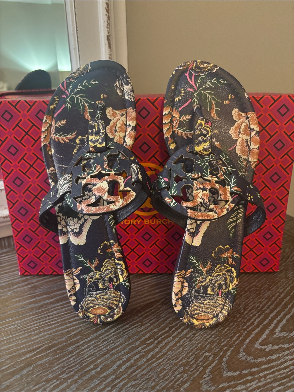 Tory Burch Black Floral Logo Slide Sandals